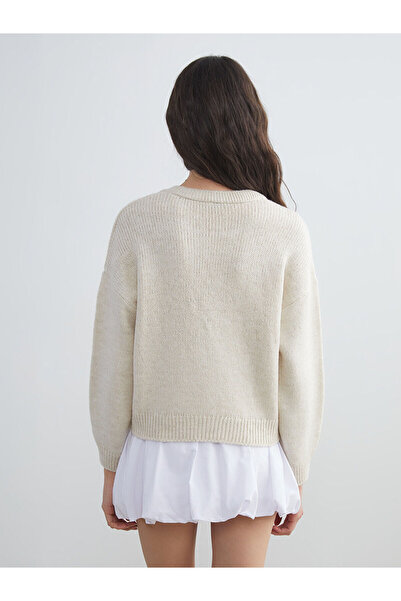 LC Waikiki Pulover de damă cu broderie florală, cu gât rotund, bej