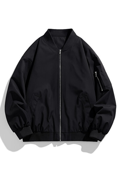 Moderk Unisex Siyah Oversize Çift Cepli Bomber Kolej Ceket Okul Mont