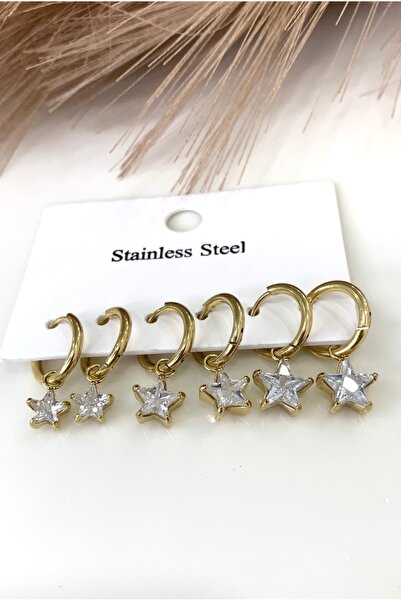 JustGAF Gold Color 3 Different Sizes Zircon Stone Star Model Dangle Steel Earrings