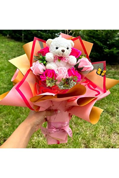 velve Buchet Love Pink , trandafiri din sapun, plante artificiale si ursulet,...