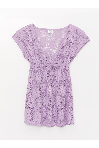 LC Waikiki Γυναικείο φόρεμα παραλίας με κοντό μανίκι Lcw Dream με V λαιμόκοψη