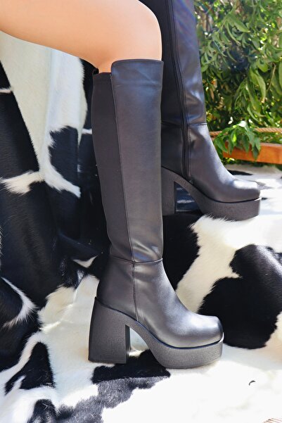 Blacktavern ÇİZME KALIN TOPUK DALGIÇ KUMAŞ SARAR BALDIRI TOPUK BOYU 10 CM