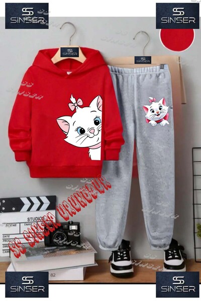 SS SİNSER Çocuk Unısex "KEDI YANDAN KAFA KURDALELI" Özel Baskılı Kapşolu Eşofman Takımı