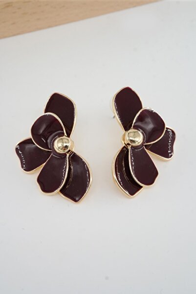 By Zeyna Aksesuar Kadın Bordo Mineli Çiçek Küpe – Kararmaz Antialerjik, Altın Kaplama Şık Tasarım