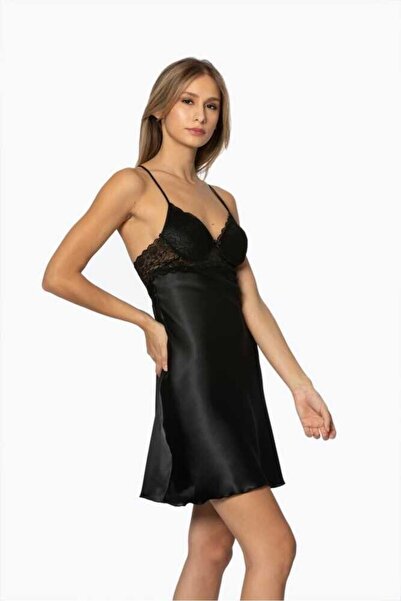 Pierre Cardin Μαύρο σατέν νυχτικό με κορδόνια 600