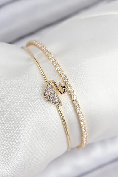 REBORN DESIGN سوار نسائي من حجر الزركون على شكل بجعة باللون الذهبي