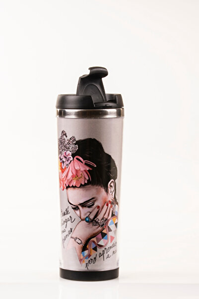 MUKKO HOME Frida Decorated Steel Mug - 360 ml |   Leak-Proof Lid, Steel Inner Bowl, 19 cm