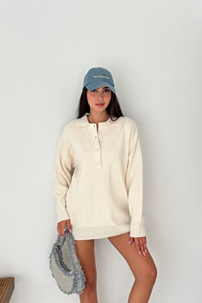 Noi Belis Polo Neck Oversize Half Placket Buttoned Knit Sweater Aw25Kz0025