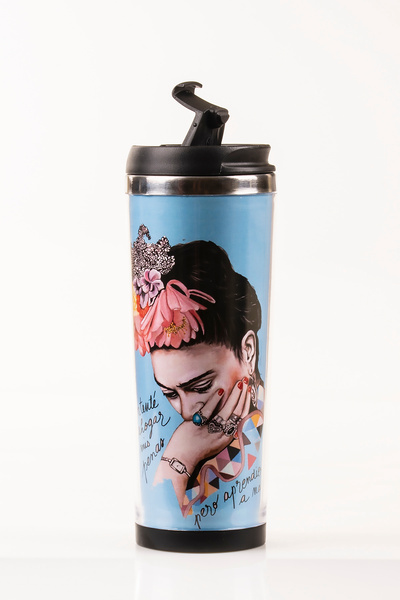 MUKKO HOME Frida Decorated Steel Mug - 360 ml |   Leak-Proof Lid, Steel Inner Bowl, 19 cm