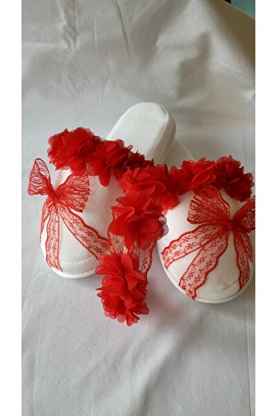 Beyaz inci tasarım Kırmızı Fiyonk Desenli Terlik Taç Lohusa Seti