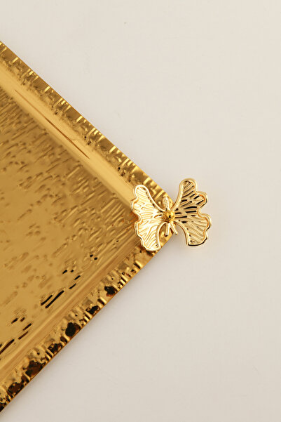 AKSESUAR EVRENİ Dolce Gold Stainless Patterned Square Corner Single Serving Tray with Butterfly Detail for Coffee and Tea