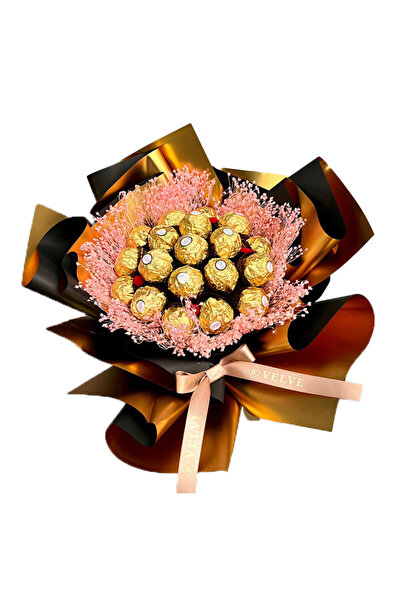 velve Delice gift bouquet, with banner and text "Happy Birthday!", 19 Ferrero pralines, Gold
