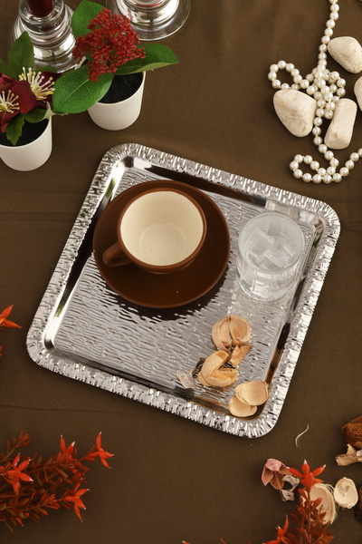 AKSESUAR EVRENİ Alora Gümüş Paslanmaz Desenli Kare 1'li Kahve Çay Sunumluk Servis Tepsi