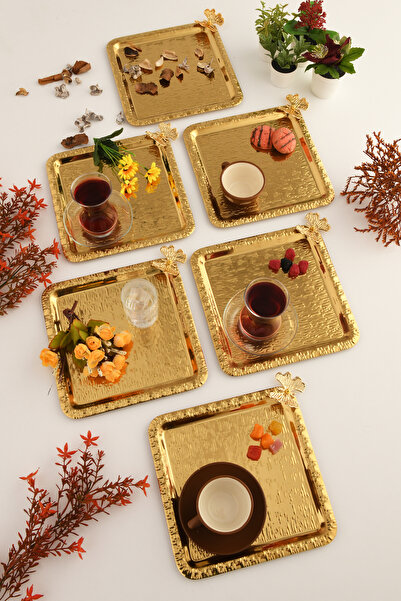 AKSESUAR EVRENİ Dolce Gold Stainless Steel Patterned Square Corner Single Butterfly Detailed 6-Piece Coffee Tea Serving Tray