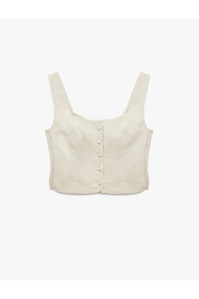 Koton Gipeli Square Neck Buttoned Thick Strap Linen Crop Blouse