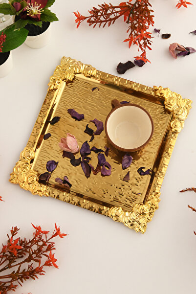 AKSESUAR EVRENİ Rio Gold Stainless Patterned Square Corner Coffee and Tea Serving Tray with Gold Flower Detail, Set of 1