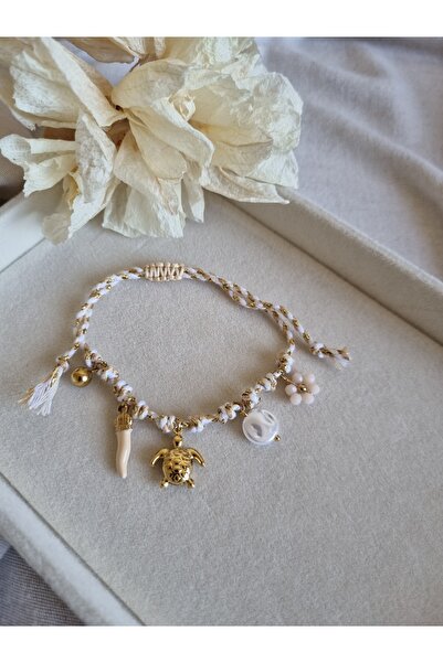 Gemnest Accessories Çelik Beyaz Kaplumbağa Charmlı İp Bileklik
