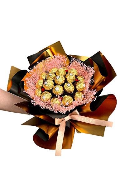 velve Delice gift bouquet, with banner and text "Happy Birthday!", 19 Ferrero pralines, Gold