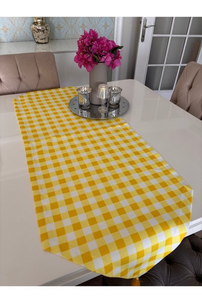 Ayd Home مفرش طاولة مربع باللونين الأصفر والأبيض مزين بشراشيب لتزيين طاولة الطعام في عيد الميلاد مقاس 43 × 135 سم