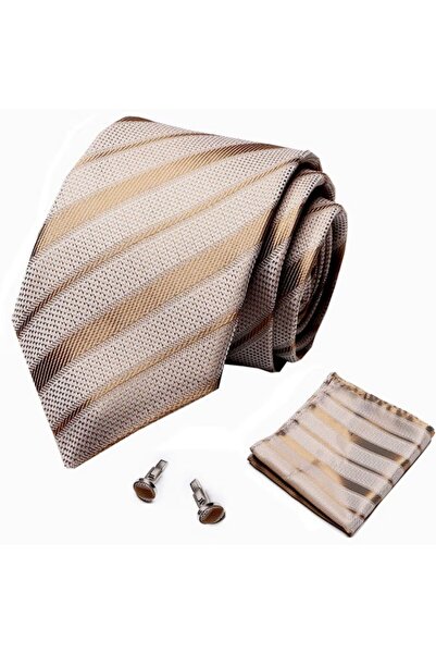 KESNUP Elegant tie, handkerchief and 2 cufflinks set, striped pattern, Beige