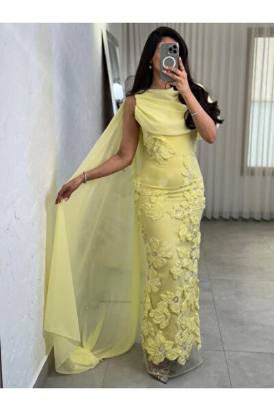 Nice Model فستان سهرة أصفر مطرز مع عباءة - فستان رسمي مزين بالزهور - مزيج من ...