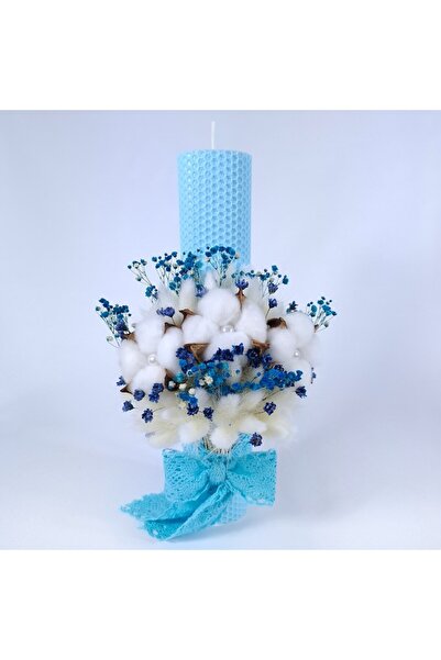 OEM Lumânare de botez din ceară de albine, decorată cu bumbac și gypsophila