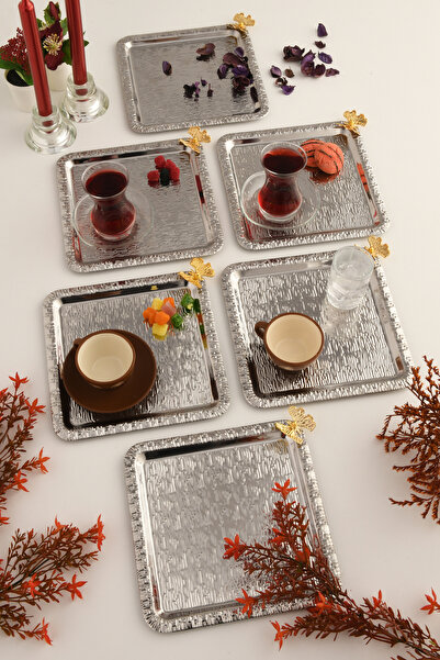 AKSESUAR EVRENİ Dolce Gümüş Paslanmaz Desenli Kare Köşesi Tek Kelebek Detaylı 6'lı Kahve Çay Sunumluk Servis Tepsi