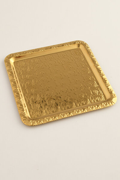 AKSESUAR EVRENİ Alora Gold Stainless Patterned Square 1-Piece Coffee Tea Serving Tray