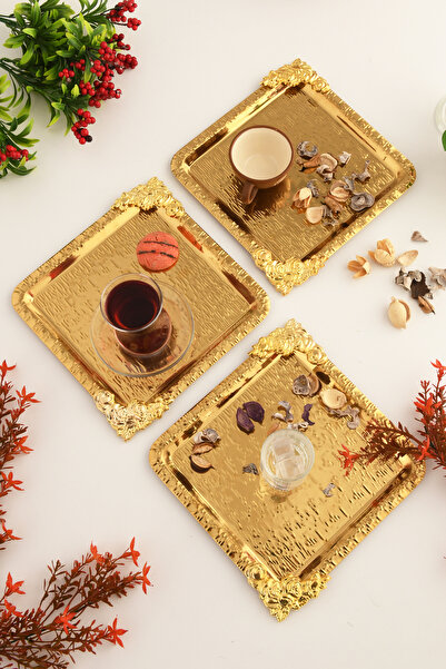 AKSESUAR EVRENİ Abra Gold Paslanmaz Desenli Kare Köşesi Gold Çiçek Detaylı 3'...