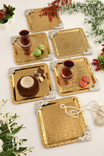 AKSESUAR EVRENİ Abra Gold Paslanmaz Desenli Kare Köşesi Gümüş Çiçek Detaylı 6'lı Kahve Çay Sunumluk Servis Tepsi