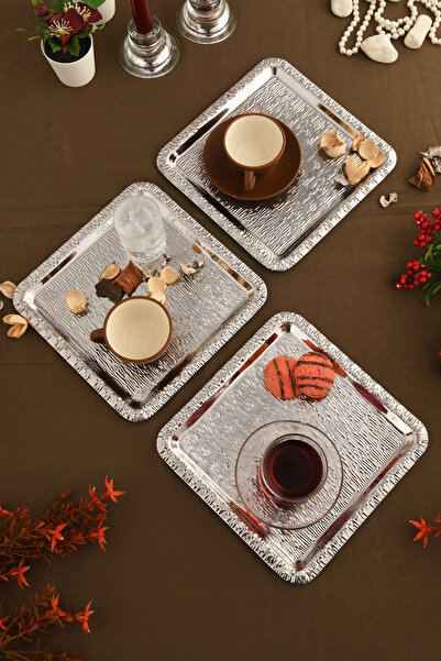 AKSESUAR EVRENİ Alora Gümüş Paslanmaz Desenli Kare 3'lü Kahve Çay Sunumluk Servis Tepsi