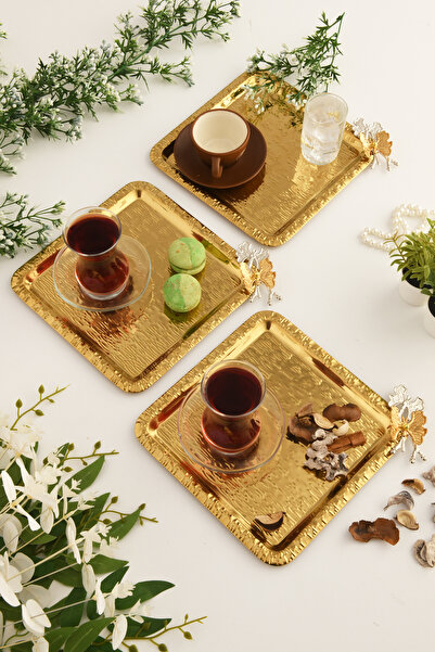 AKSESUAR EVRENİ Denver Gold Stainless Patterned Square Corner Double Butterfly Detailed 3-Piece Coffee Tea Serving Tray