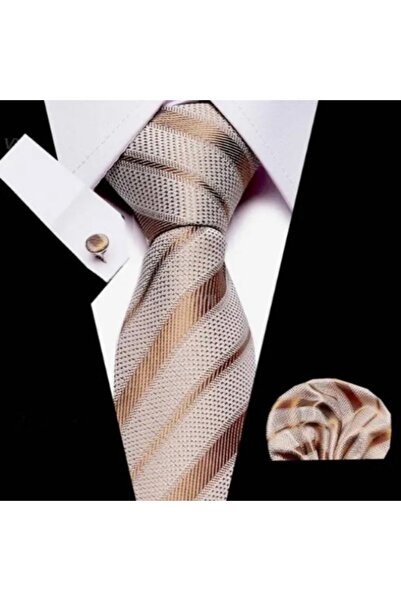 KESNUP Elegant tie, handkerchief and 2 cufflinks set, striped pattern, Beige