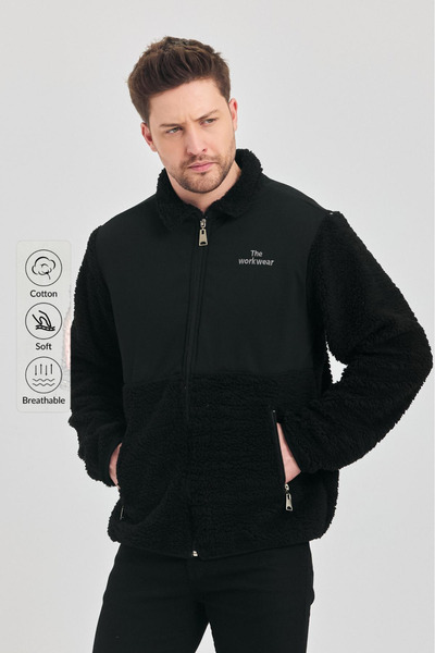 DAMGA JEANS Erkek Yarım Kürklü Kışlık Siyah Bol Peluş Ceket