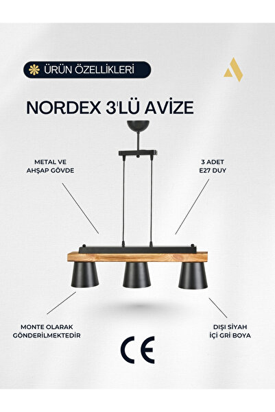 Alldesco Nordex 3’lü Ahşap Sarkıt Avize – Siyah Metal Gövde, Gümüş Başlık İçi, Ayarlanabilir Aydınlatma