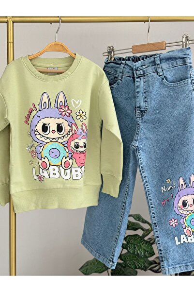 LİLLYPİCCA Girl's 2-Piece Set Printed Sweatshirt Wide Leg Jeans with Elastic Waist