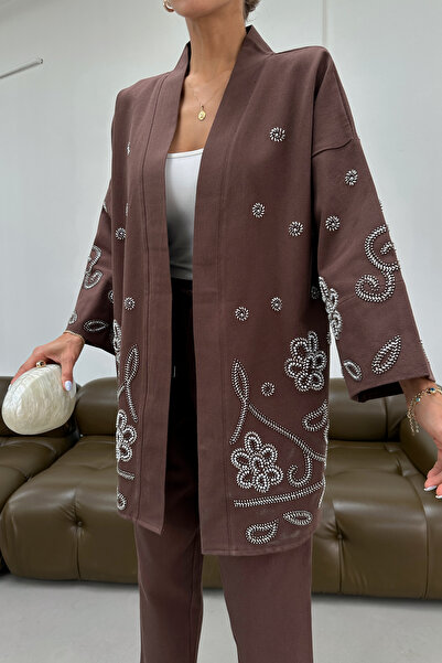 MİA NOURA Women's Oversize Fit Kimono with Beaded Embroidery on the Front