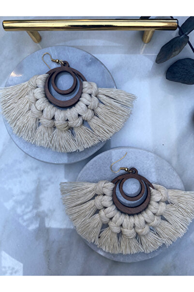 BUNİTA DESİGN Bohem El Yapımı Yarım Ay Ahşap Tasarım Makrome Küpe