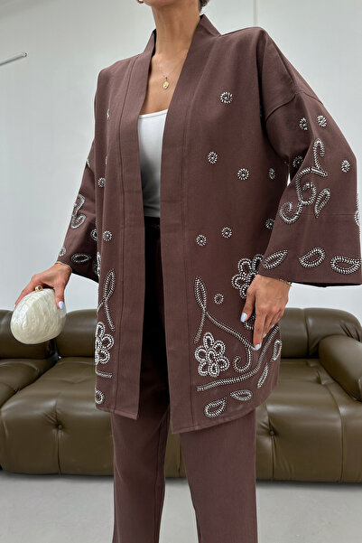 MİA NOURA Women's Oversize Fit Kimono with Beaded Embroidery on the Front