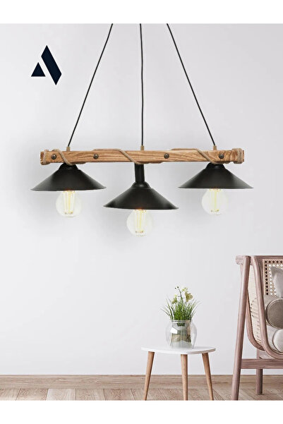 Alldesco Corten 3’lü Ahşap Sarkıt Avize – Siyah Metal Başlık, Halat Detaylı, Endüstriyel Tasarım