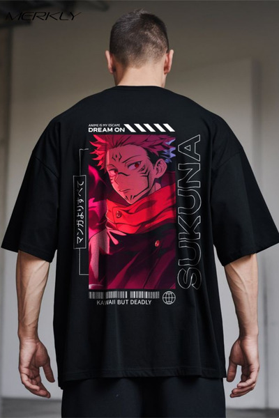 barsdepo Tricou Anime cu imprimeu , supradimensionat Tricou negru unisex pent...