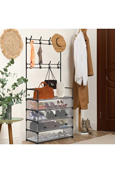 Casco حامل ملابس وأحذية احترافي متعدد الوظائف بأربعة أرفف لتخزين الاحذية مع خطافات شماعات ملابس