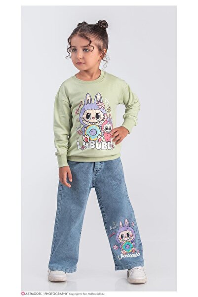 LİLLYPİCCA Girl's 2-Piece Set Printed Sweatshirt Wide Leg Jeans with Elastic Waist