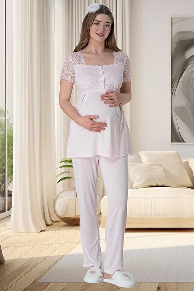 Viselya Ροζ Σετ Πιτζάμες Εγκυμοσύνης Δαντέλα τεμαχίων