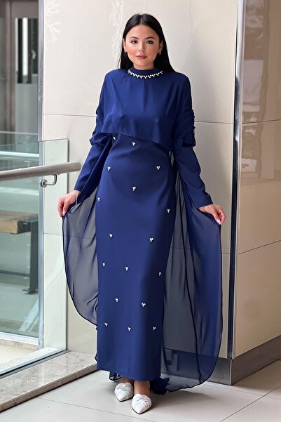 White Corner Şifon Pelerinli Damla Taşlı Abiye