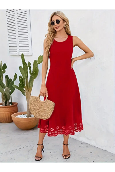 Turega Style    فستان نسائي بدون أكمام بطبعة زهور مقطوعة بالليزر بطول متوسط م...