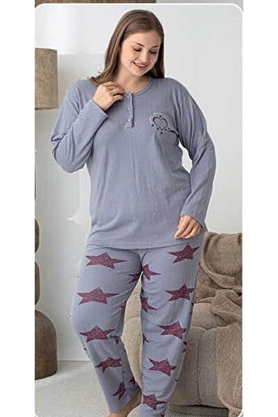 lindros Women's Cotton Button Collar Interlock Winter Oversized Pajama Set 05144 - 1 Piece