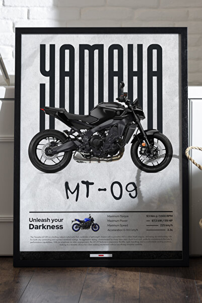 Duvarda Yamaha MT-09 Siyah Ahşap Çerçeveli Poster, Dekoratif Motosiklet Duvar...
