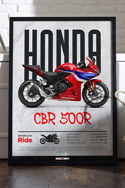 Duvarda Honda CBR 500R Siyah Ahşap Çerçeveli Poster, Dekoratif Motosiklet Duv...