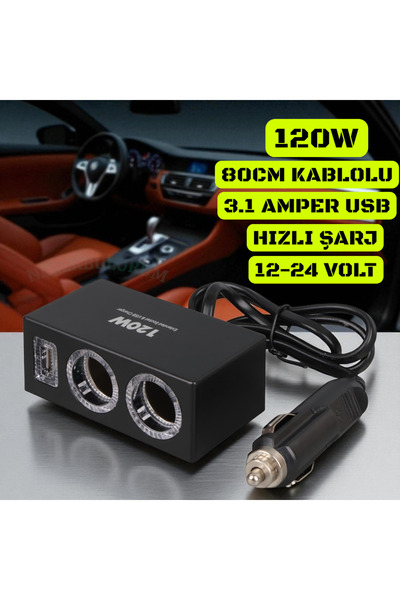 nelerbulurum TÜM ARAÇLARA UYUMLU 3.1 AMPER HIZLI ŞARJ USB GİRİŞLİ 120W 80CM K...